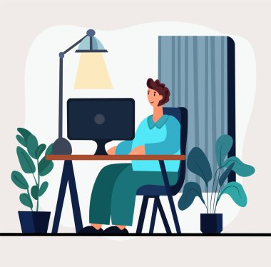 Uzaktan çalışan, öğrenim gören ya da serbest çalışan bir adamın yer aldığı, ev ofis temasının bir tasviri. Düz tasarım tarzında sevimli vektör illüstrasyonu