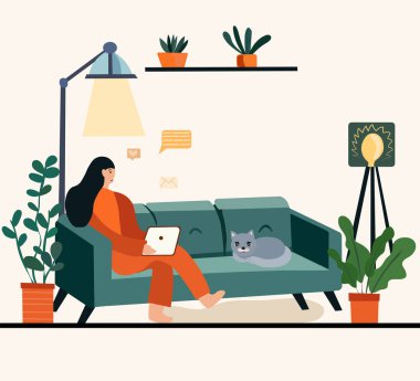 Ofisinde çalışan, masasında oturan, bilgisayar ekranına odaklanırken iş arkadaşlarıyla çevrimiçi bir konuşma yapan profesyonel bir kadın. Merkez ofis konsepti. Vektör.