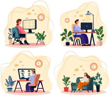 Ev-iş yaşam tarzını benimsemek. Çalışanlar video görüşmeleri yoluyla işbirliği yapar, projeleri tartışır ve webcam tabanlı bir grup konferansında iş arkadaşlarıyla çevrimiçi brifinglere katılırlar. Düz biçim vektörü