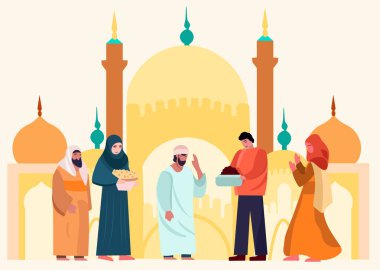 Neşeli Müslüman cemaati ve birlikte kutlama, hediyelerimizi vermek, hayırsever eylemlerde bulunmak ve bir cami silueti ile birbirlerini tebrik etmek. Vektör.