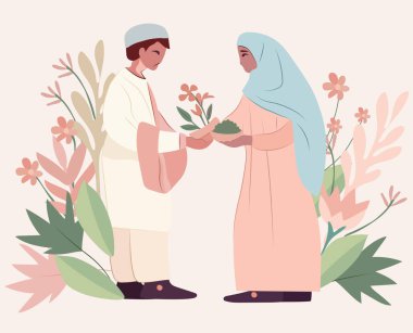 Kutsal Ramazan ayı, Hari Raya ya da bayramda botanik süslemelerle karşılanan büyüleyici bir pastel çizimi. Müslüman erkekler ve kadınlar selamlaşır. Vektör illüstrasyonu.