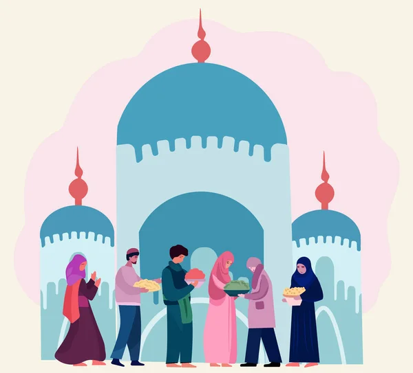 Neşeli Müslüman Cemaati Birlikte Kutlama Hediyelerimizi Vermek Hayırsever Eylemlerde Bulunmak — Stok Vektör