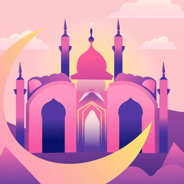 Исламское Знамя Веры Дизайн Силуэт Мечети Фоне Заката Солнца Счастливой — стоковый вектор