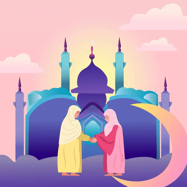 Slami Inanç Bayrağı Tasarımı Neşeli Müslüman Kadınlar Birlikte Kutlama Yapıyor — Stok Vektör