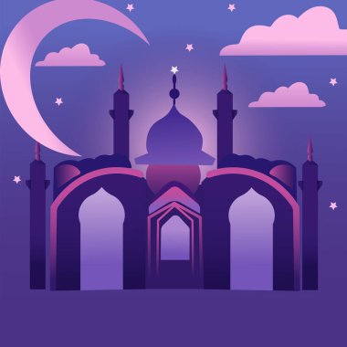 İslami inanç bayrağı tasarımı. Günbatımının arkasındaki caminin silueti. Huzurlu kutsal bir gece geçirin. Kutsal Ramazan ayı. Afişler, kartlar, posterler için vektör illüstrasyonu. Vektör