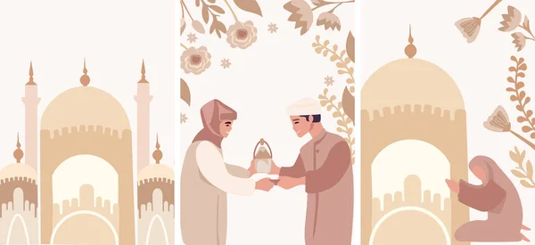 Cami Silueti Arkaplanı Ile Neşeli Müslüman Topluluğu Kutluyoruz Erkekler Kadınlar — Stok Vektör