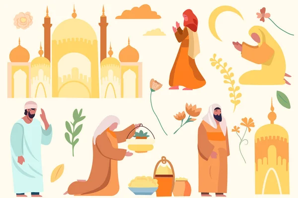 Neşeli Bir Müslüman Cemaati Kutluyoruz Dindar Müslümanlar Birbirlerine Hediyelerini Verir — Stok Vektör