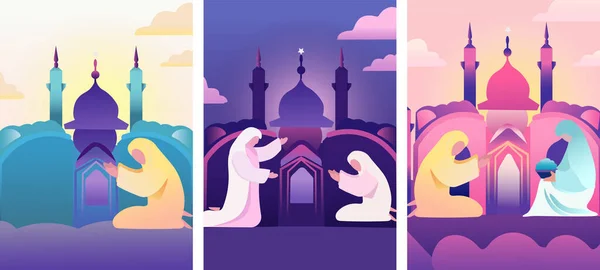Bayram Mübareği Dindar Bir Müslüman Namaz Kılar Cami Silueti Arkaplanlı — Stok Vektör