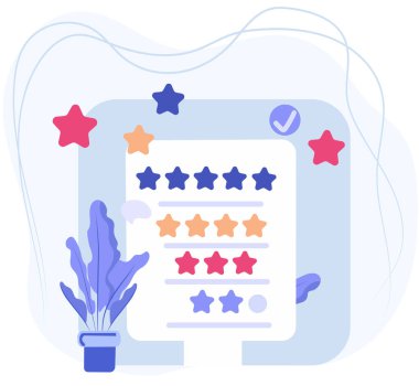 Kullanıcı girişi, müşteri deneyimi ve müşteri memnuniyeti, reytingler ve değerlendirmeler de dahil olmak üzere ürün ve hizmet değerlendirmeleri kavramını temsil etmektedir. Vektör.