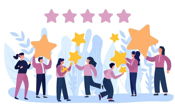 stock vector  User input, customer experience, and client gratification represent the notion of product and service evaluations, including ratings and assessments. The people characters giving star feedback.