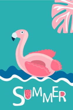 Yaz tatili eğlencesinin özü. Deniz manzaralı bir arka plan, renkli palmiye yaprakları, pembe flamingo. Yaz temalı posterler. Vektör. 