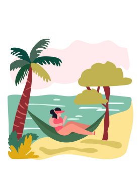 Kadınlar sahilde dinleniyor. Hamaklarda uzanan bir kadın, güneşli bir havanın tadını çıkarıyor. Tatil ruh hali konsepti. Vektör illüstrasyonu.