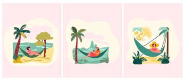 Kadınlar sahilde dinleniyor. Hamaklarda uzanan bir kadın, güneşli bir havanın tadını çıkarıyor. Tatil ruh hali konsepti. Vektör illüstrasyonu.