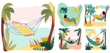 Bayanlar deniz kenarında dinleniyor. Dişiler plaj kenarındaki hamaklarda uzanır, açık hava güneşinin sıcaklığından zevk alırlar. Bir tatil atmosferinin tasviri. Vektör illüstrasyonu