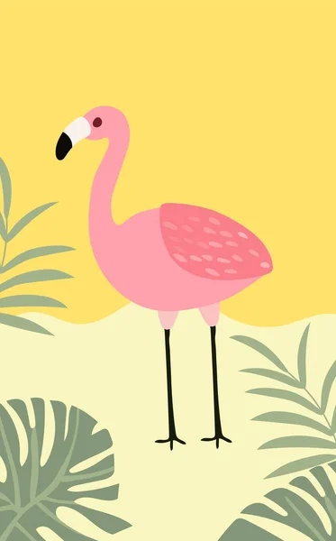 Nyári Élvezet Lényege Háttér Tengerparti Táj Színes Pálmalevelek Rózsaszín Flamingó — Stock Vector