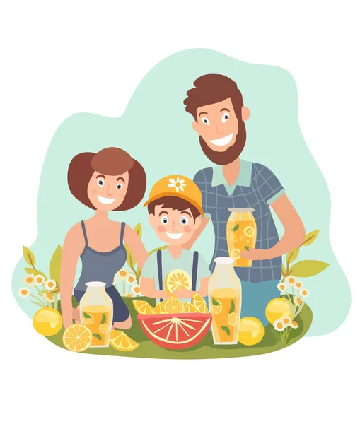 Šťastná Rodina Užívá Venku Popíjí Osvěžující Limonádu Sdílí Chvíle Radosti — Stockový vektor