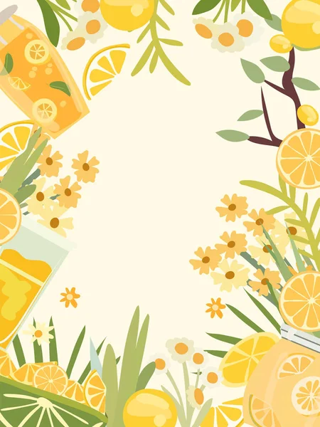 Jasna Ilustracja Lemoniadą Słoiku Kwiatami Zielonymi Liśćmi Itp Letnia Kartka — Wektor stockowy
