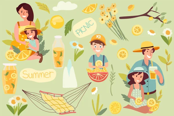 Glückliche Familie Genießt Die Natur Während Sie Erfrischende Limonade Schlürft — Stockvektor