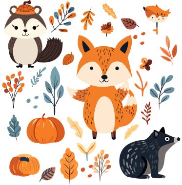 Sonbahar koleksiyonu, orman hayvanları, bitki örtüsü, yeşillik, hasat günü şenliği. Sevimli düşen hayvanlar tilki, sevimli rakun, ben. Vektör illüstrasyonu.