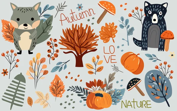 Saisonale Herbstfahne Mit Wildtieren Gemüse Bäumen Blättern Und Putzigem Waschbär — Stockvektor