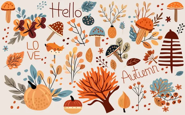 Boho Banner Mit Elementen Herbst Farbige Bäume Herbstblätter Pilze Und — Stockvektor