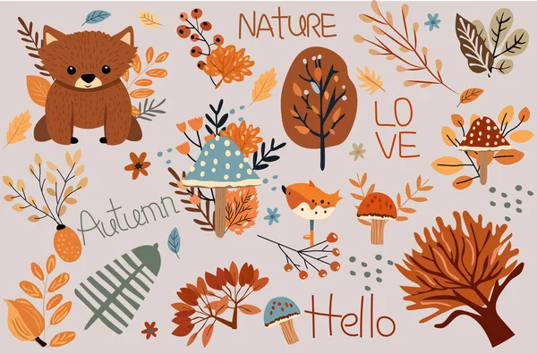 Saisonale Herbstfahne Mit Wildtieren Bunten Pilzen Bäumen Blättern Und Niedlichen Vektorgrafiken
