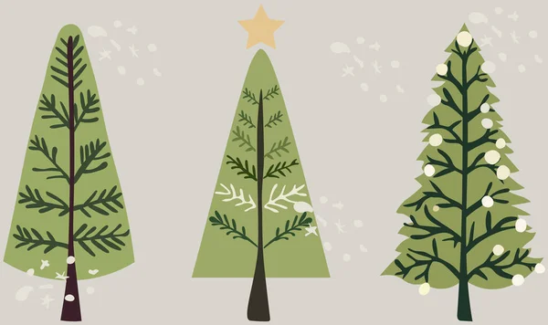 Handgetekende Vector Collectie Van Kerstbomen Versierd Met Feestelijke Ornamenten Sterren — Stockvector