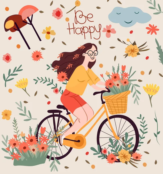 Entzückende Frau Auf Einem Fahrrad Korb Geschmückt Mit Frischen Blumen — Stockvektor