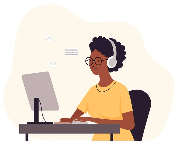 stock vector A woman efficiently working in her office setting, sitting at her workspace, and actively communicating with colleagues through her computer screen. Embracing the remote work lifestyle. Vector.