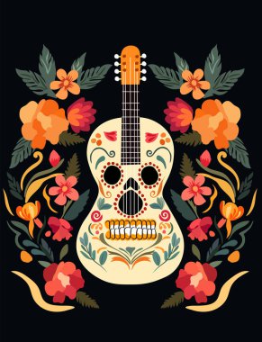Dia de los Muertos, Meksika 'da Ölüler Günü. Gitar, çiçek ve yapraklarla kutlanıyor. Posterler, afişler ve kartlar için tasarım. Vektör