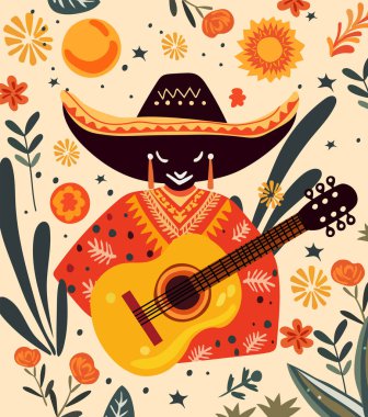 Dia de los Muertos, Meksika 'da Ölüler Günü kutlaması. Kafatası, gitar, çiçekler ve yapraklarla birlikte. Posterler, afişler ve kartlar için tasarım. Vektör.
