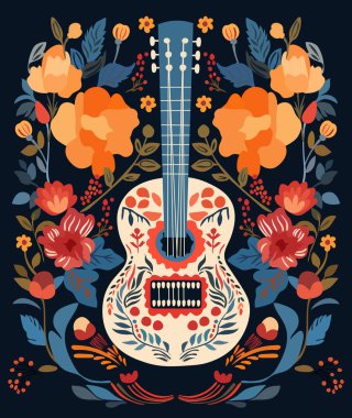 Dia de los Muertos, Meksika 'da Ölüler Günü. Gitar, çiçek ve yapraklarla kutlanıyor. Posterler, afişler ve kartlar için tasarım. Vektör