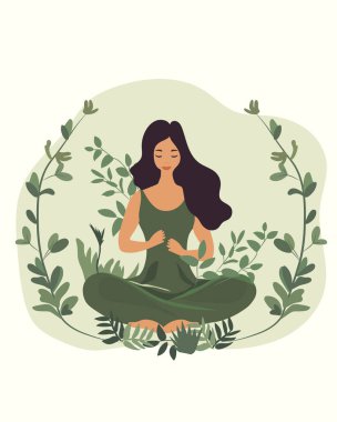 Doğanın ve yeşilliğin ortasında sakin bir meditasyon yapan bir kadın. Yoga, stres atma, farkındalık, rahatlama, eğlence ve sağlık kavramı. Vektör illüstrasyonu.