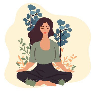 Doğanın ve yeşilliğin ortasında sakin bir meditasyon yapan bir kadın. Yoga, stres atma, farkındalık, rahatlama, eğlence ve sağlık kavramı. Vektör illüstrasyonu.
