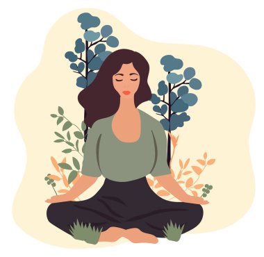 Female in tranquil meditation amidst nature and foliage.Concept for yoga, stress relief, mindfulness, relaxation, recreational wellness, and health. Vector illustration. clipart