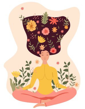 Bir kadın, yapraklar ve çiçeklerle çevrili yoga nilüferinde meditasyon yapıyor. Yoga pratiği, meditasyon rahatlama, sağlıklı yaşam tarzı, boş zaman ve sağlık desteği kavramı. Vektör.