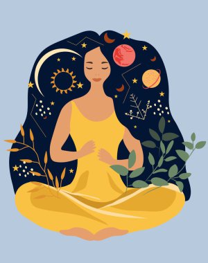 Yoga nilüfer çiçeği poziyonundaki kadın dışarıda meditasyon yaparak huzur buluyor. Yoga, stres atma, boş zaman aktiviteleri ve refahın korunması, rahatlama kavramı. Vektör illüstrasyonu