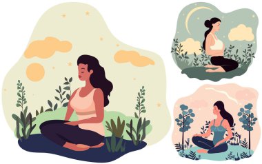 Yoga nilüfer çiçeği duruşu ve yeşillik içinde sakin meditasyon yapan bir kadın. Yoga, stres atma, farkındalık, rahatlama, dinlenme, dinlenme ve sağlık kavramı. Vektör illüstrasyonu.