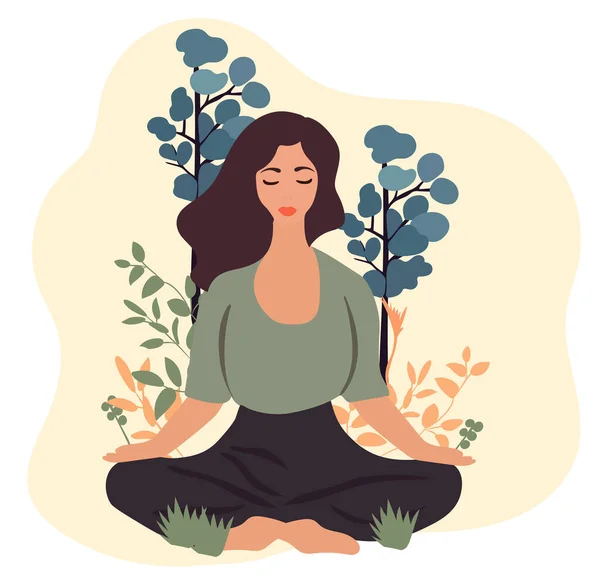 Feminino Meditação Tranquila Meio Natureza Folhagem Conceito Para Ioga Alívio — Vetor de Stock