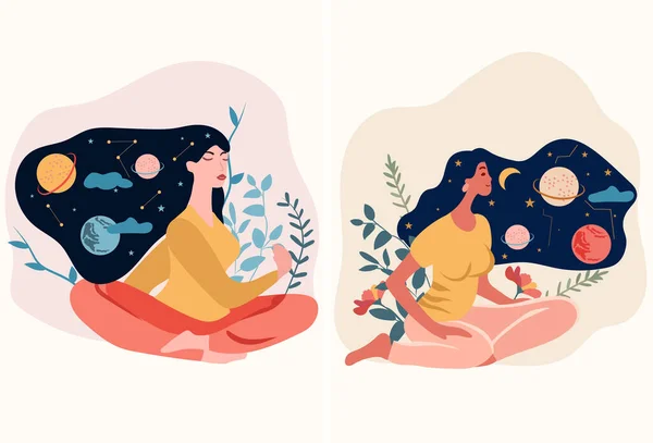 Женщина Медитирует Позе Лотоса Йоги Окружении Листьев Цветов Концепция Йоги — стоковый вектор