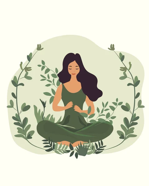 Doğanın Yeşilliğin Ortasında Sakin Bir Meditasyon Yapan Bir Kadın Yoga Telifsiz Stok Vektörler