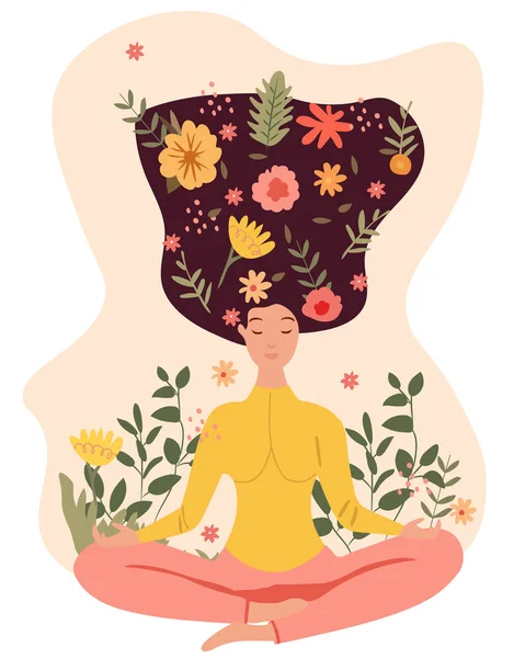 Een Vrouw Mediteert Een Yoga Lotuspositie Omringd Door Bladeren Bloemen Rechtenvrije Stockillustraties