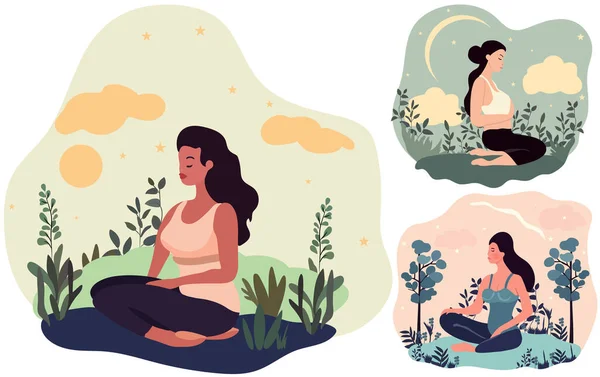 Yoga Nilüfer Çiçeği Duruşu Yeşillik Içinde Sakin Meditasyon Yapan Bir Telifsiz Stok Vektörler
