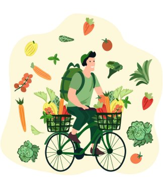 Market alışverişi, bisikletli kurye marketten taze sebze ve meyve getiriyor. Yeşil lojistik. Ekolojik hızlı teslimat eve ve ofise. Vektör illüstrasyonu.
