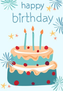 Doğum günü kartı, üzerinde pasta ve konfeti var. Kartpostal ya da davetiye için resim. Kutlama, mutluluk, neşe kavramı. Vektör illüstrasyonu.