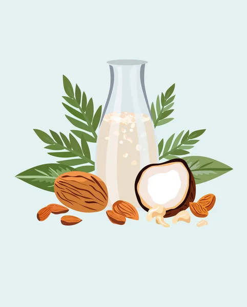 Vejetaryen Sütü Süt Ürünleri Şişe Bardağında Bitki Bazlı Içecekler Sağlıklı — Stok Vektör