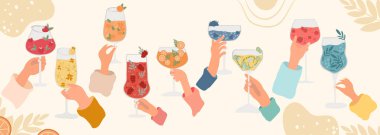 Bir dizi klasik kokteyli olan arkadaşlar. Mojito, Mimosa ve Aperol Spritz gibi çeşitli içecekler. Alkolik içecekler menü görüntüsü, posterler ve web afişleri için mükemmel. Vektör