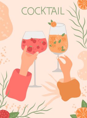 Çeşitli kokteyllerle pankart. Koleksiyonda menüler ve çeşitli kutlamalar için uygun çeşitli bardaklarda klasik alkollü ve alkolsüz içecekler yer alıyor..