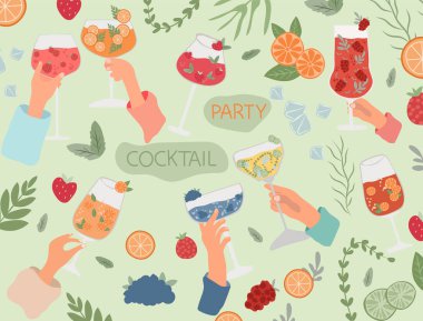 Bir dizi klasik kokteyli olan arkadaşlar. Mojito, Mimosa ve Aperol Spritz gibi çeşitli içecekler. Alkolik içecekler menü görüntüsü, posterler ve web afişleri için mükemmel. Vektör