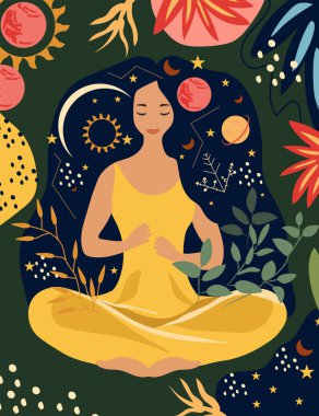 Yoga nilüfer çiçeği poziyonundaki kadın dışarıda meditasyon yaparak huzur buluyor. Yoga, stres atma, boş zaman aktiviteleri ve refahın korunması, rahatlama kavramı. Vektör illüstrasyonu